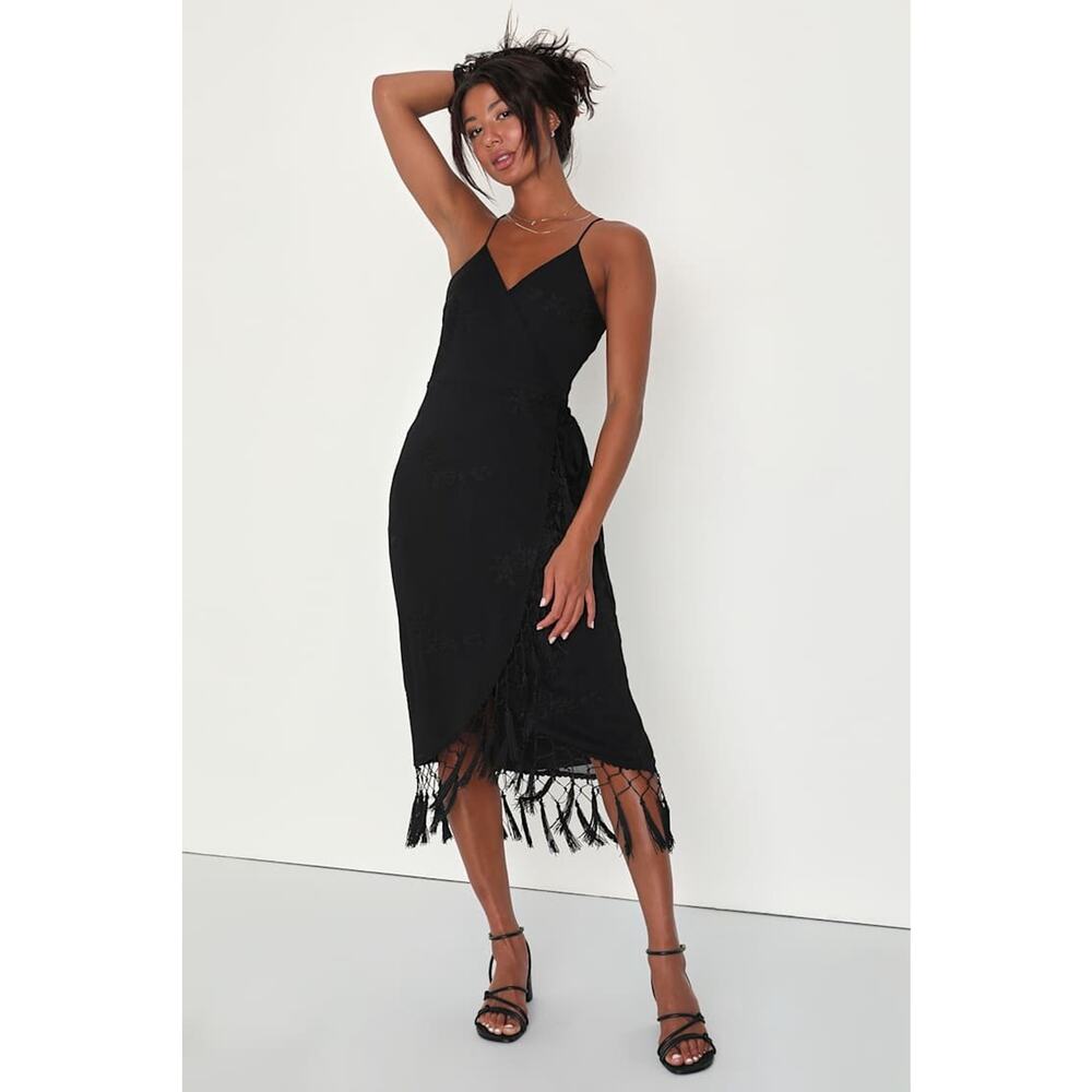 Lulus Fun‎ Affair Wrap Dress Black Fringe Trim Embroidered Boho Midi Womens S